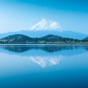 Snow-capped mountain reflection on Lake Siskiyou