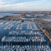 Aerial view of Chula Vista Marina with downtown San Diego skyline as backdrop